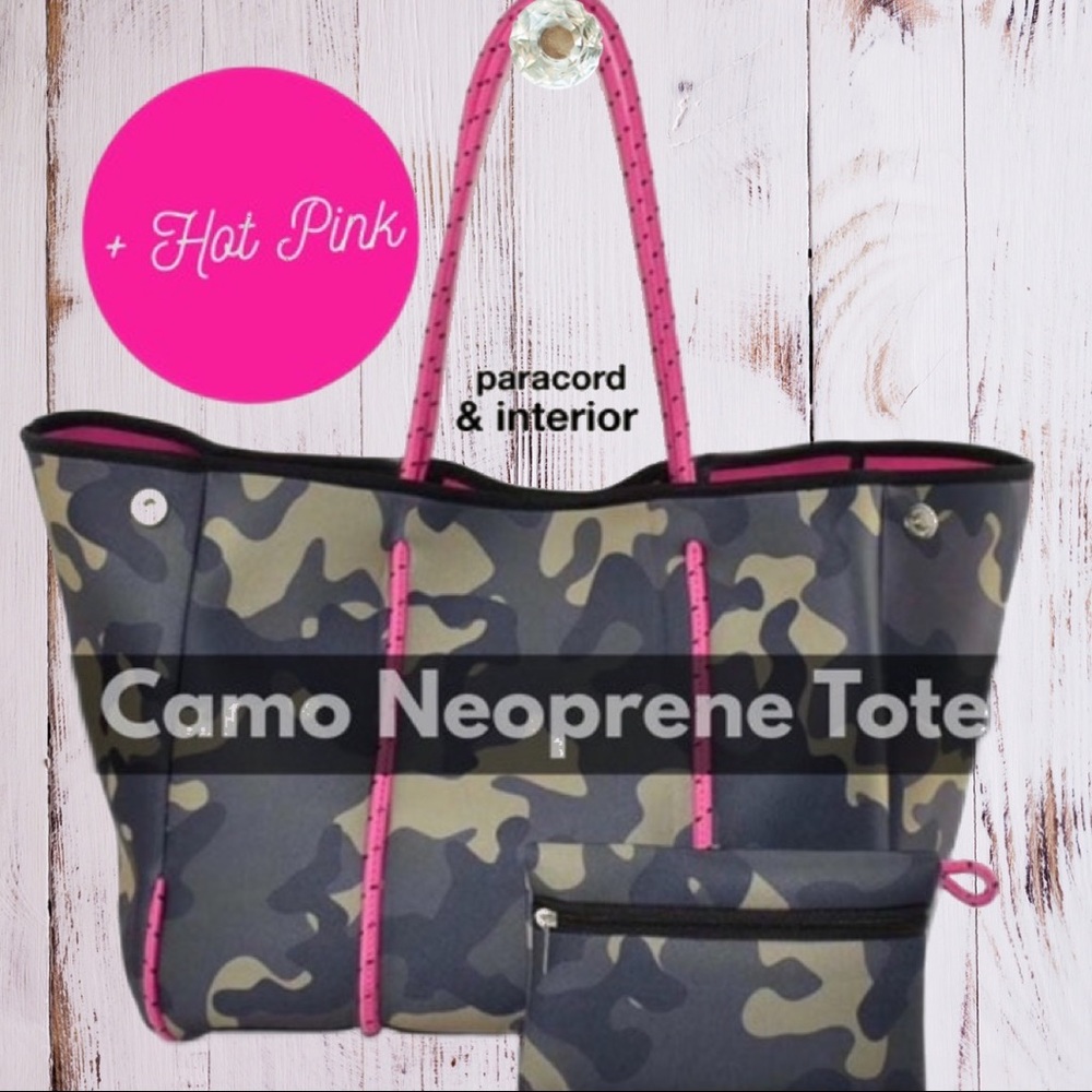 new Neoprene Tote bag / purse Army Camo hot pink paracords w hot pink interior